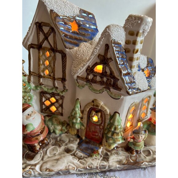 Ceramic Christmas Village Light-Up House With Santa & Snowmen Large Vintage - Picture 6 of 12